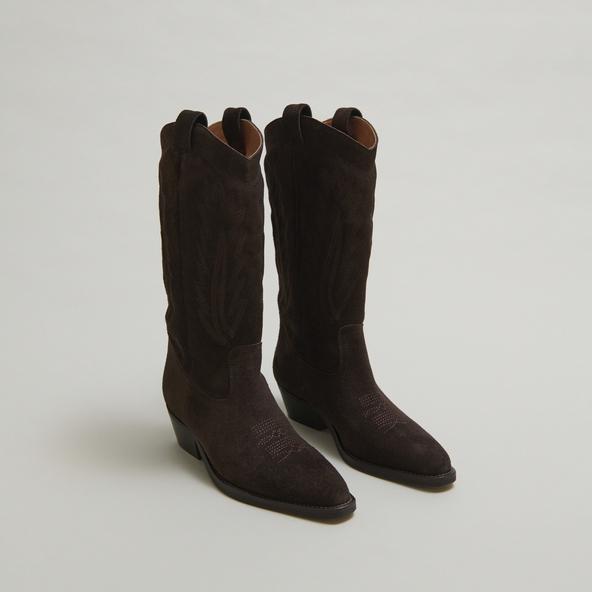 jonak Pointed-toe boots with visible stitching in dark brown suede DELEA