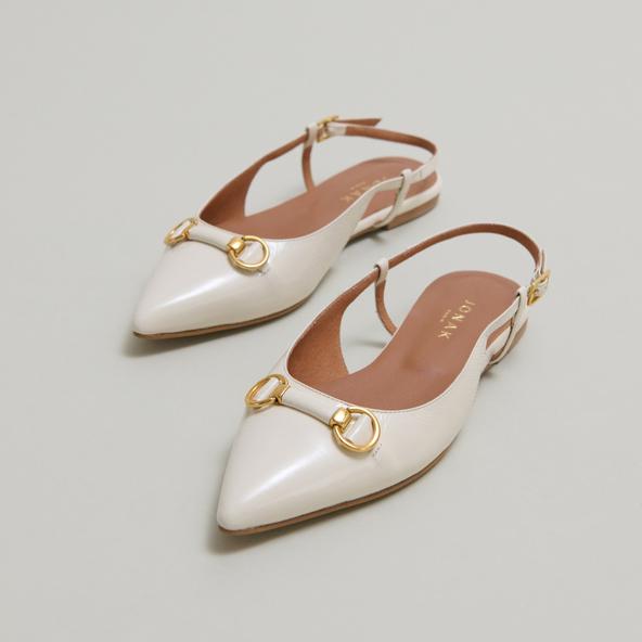 jonak Pointed-toe slingback ballet flats with gold bits in ecru shiny leather DEDICACE