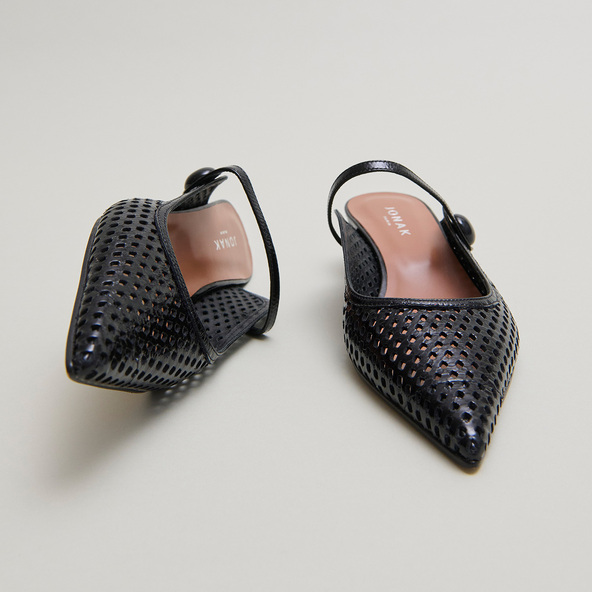 jonak Pointed-toe wedge mules in black shiny leather DECADE