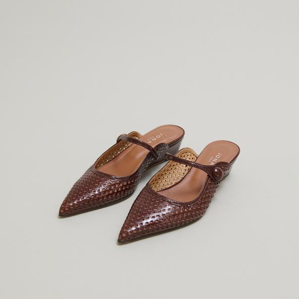 Jonak Pointed Toe Wedge Mules In Brown Shiny Leather DECADE