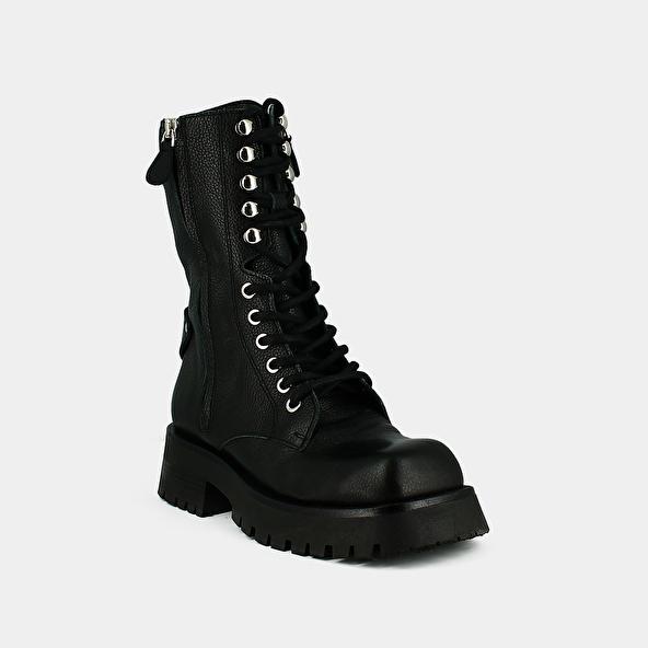 Jonak Ranger Ankle Boots With Laces Zips And Square Toes - Jonak X Schott In Black Grained Leather BROADWAY