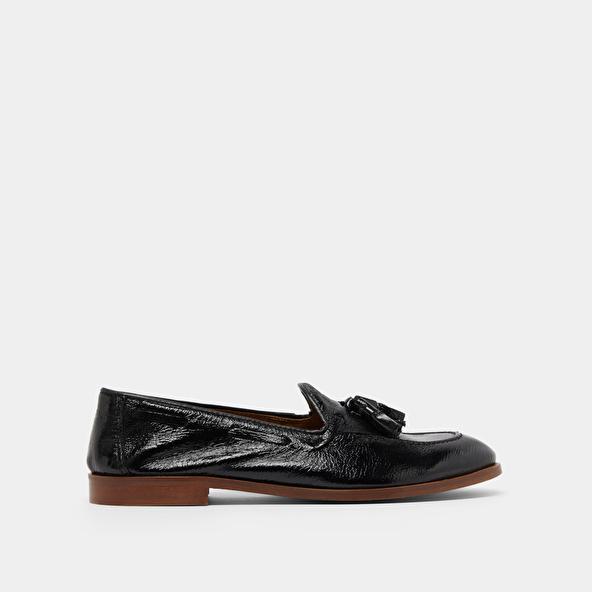 Jonak Round Toe Loafers With Pompons In Black Pleated Patent TIPHAINE