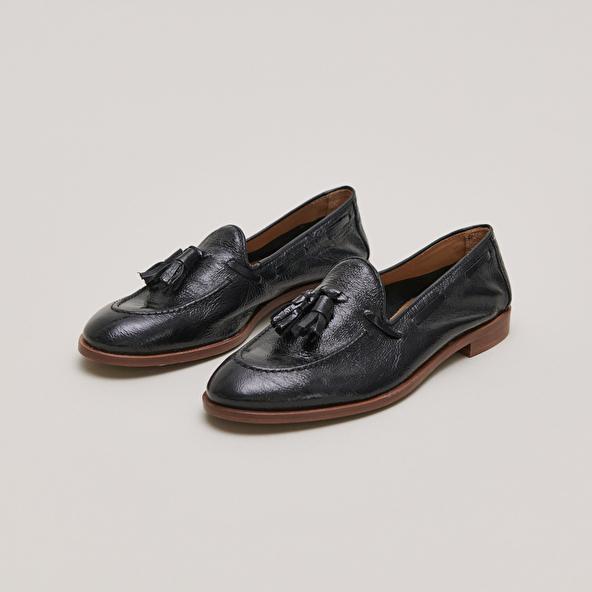 Jonak Round Toe Loafers With Pompons In Black Pleated Patent TIPHAINE