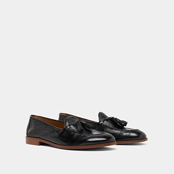 Jonak Round Toe Loafers With Pompons In Black Pleated Patent TIPHAINE