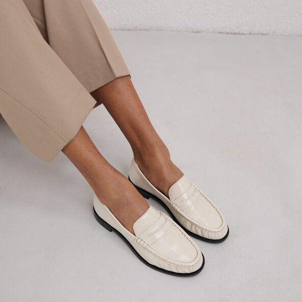 Jonak Round-toed And Gathered Loafers In Unbleached Shiny Leather DELICE