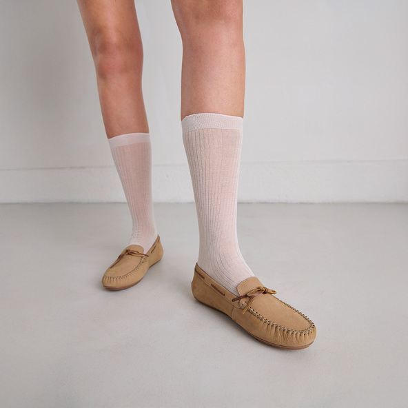 Jonak Ruched Loafers With Laces In Beige Nubuck And Cognac Leather ANGELIQUE