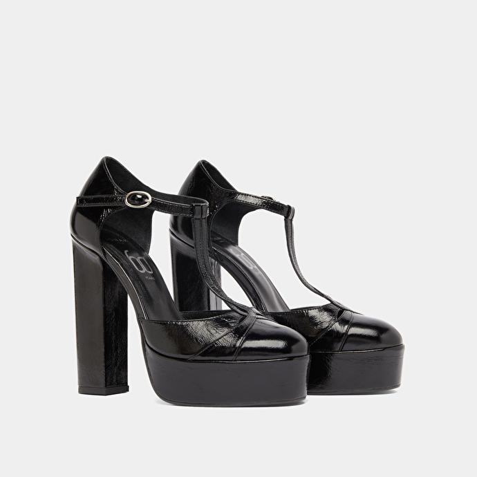 Jonak Salomés à Talons Et Plateformes In Black Shiny Leather REWIND