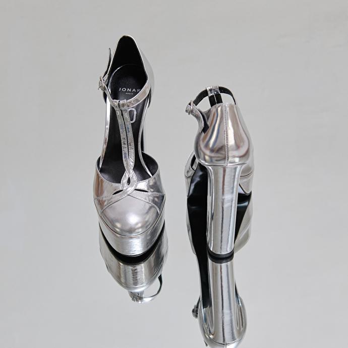 jonak Salomés à talons et plateformes in silver metallic leather REWIND