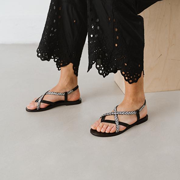 Jonak Sandals With Braided Straps In Black And Silver Leather WARREN