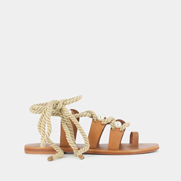 Jonak Sandals With Straps Beads And Braided Straps In Camel Leather WAFFLE