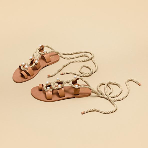 Jonak Sandals With Straps Beads And Braided Straps In Camel Leather WAFFLE