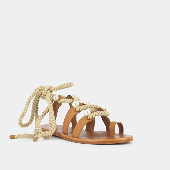 Jonak Sandals With Straps Beads And Braided Straps In Camel Leather WAFFLE