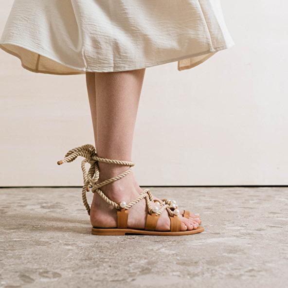 jonak Sandals with straps beads and braided straps in camel leather WAFFLE