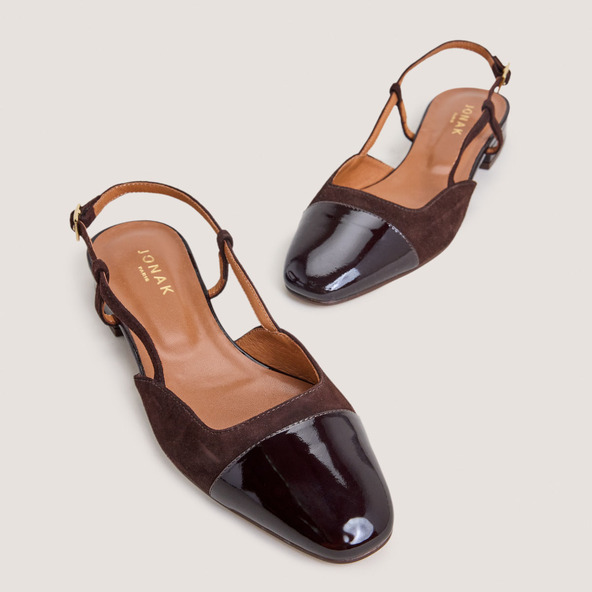 Jonak Slingback Ballet Flats In Dark Brown Patent Leather And Brown Velvet DHAPOU