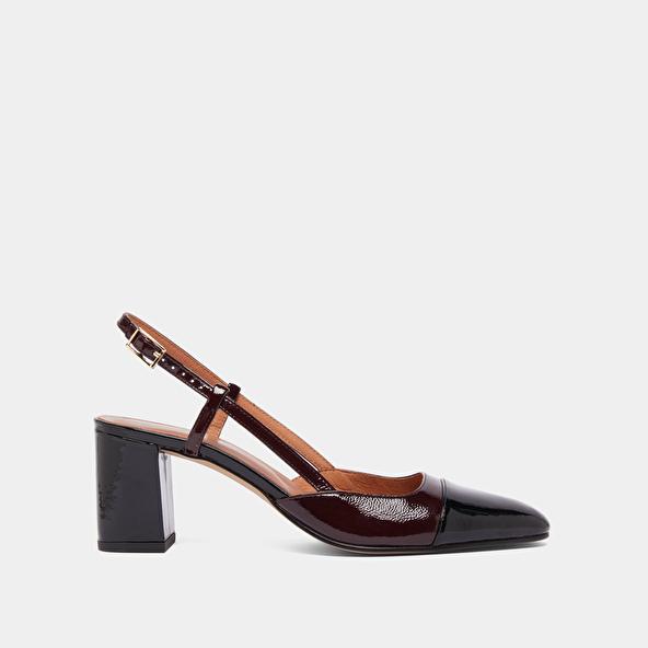 Jonak Slingbacks à Talons In Black Patent Leather And Burgundy Pleated Patent DHAPOP