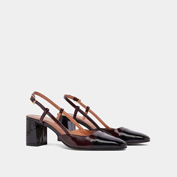 Jonak Slingbacks à Talons In Black Patent Leather And Burgundy Pleated Patent DHAPOP