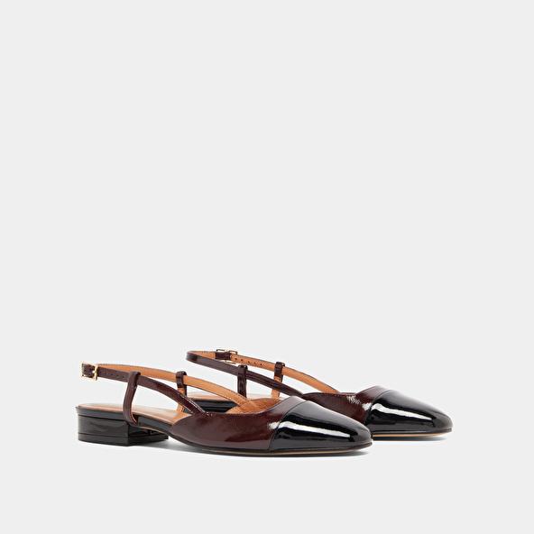 Jonak Slingbacks Ballet Flats In Black Patent Leather And Burgundy Pleated Patent DHAPOU