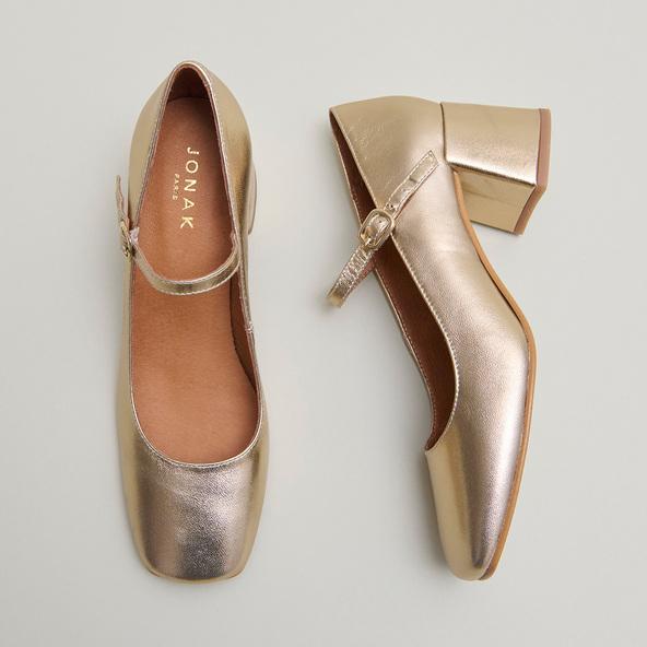 jonak Square-heeled Mary Jane in platinum metallic leather ALIENOR