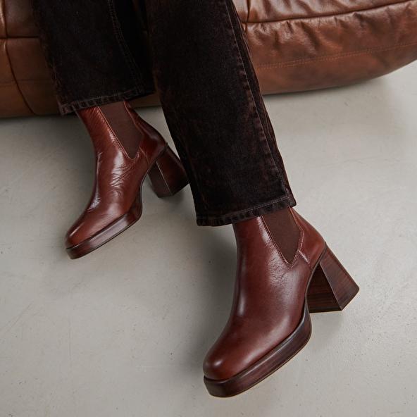 Jonak Square Toe And Elastic Boots In Brown Aged Leather BECCA