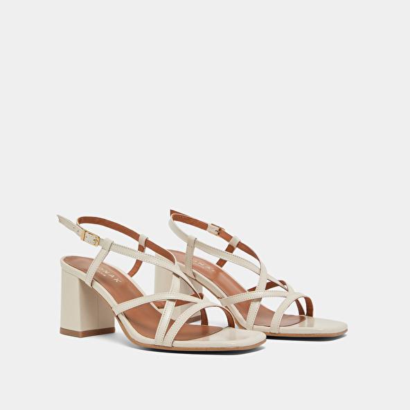 Jonak Square Toe Flanged Heeled Sandals In Ecru Leather VERLAINE