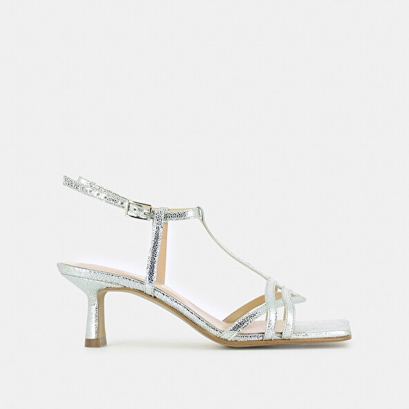 Jonak Square Toe Flanged Heeled Sandals In Silver Craked Leather DOFIN
