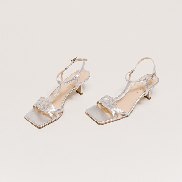 Jonak Square Toe Flanged Heeled Sandals In Silver Craked Leather DOFIN