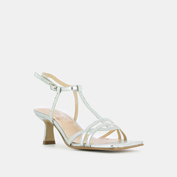 Jonak Square Toe Flanged Heeled Sandals In Silver Craked Leather DOFIN