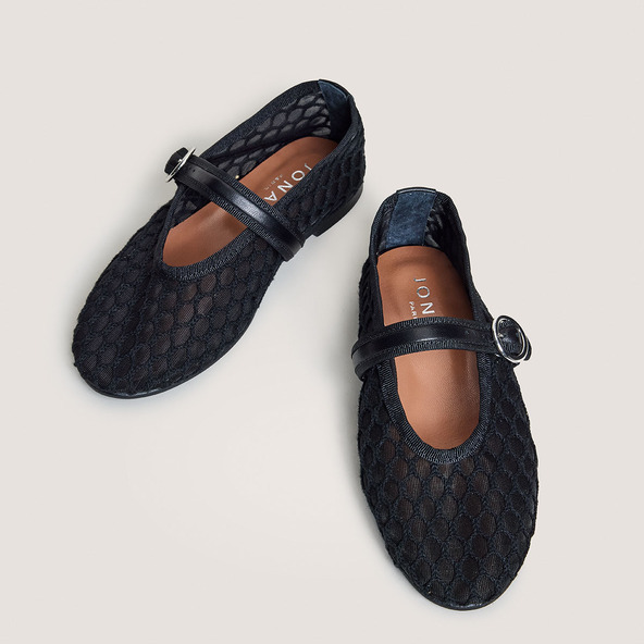 Jonak Strapped Ballerinas - Capsule Mini In Black Mesh And Black Leather DEESSIA