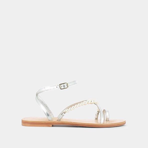 Jonak Strappy And Beaded Sandals In Silver Metallic Leather WESLEY