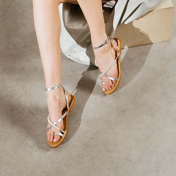 jonak Strappy and beaded sandals in silver metallic leather WESLEY
