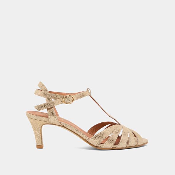Jonak Strappy T-bar Heels In Platinum Laminated Suede DOLIATE