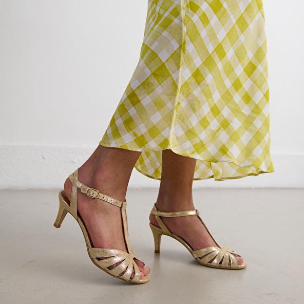 Jonak Strappy T-bar Heels In Platinum Laminated Suede DOLIATE