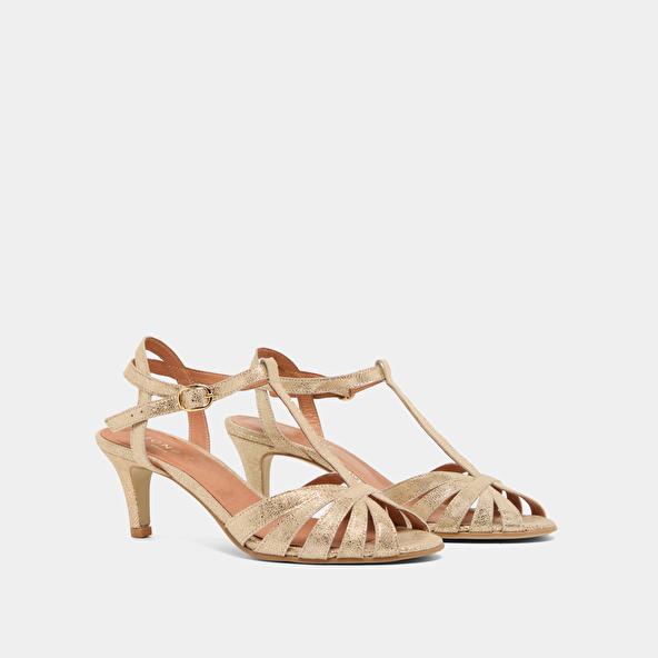 Jonak Strappy T-bar Heels In Platinum Laminated Suede DOLIATE