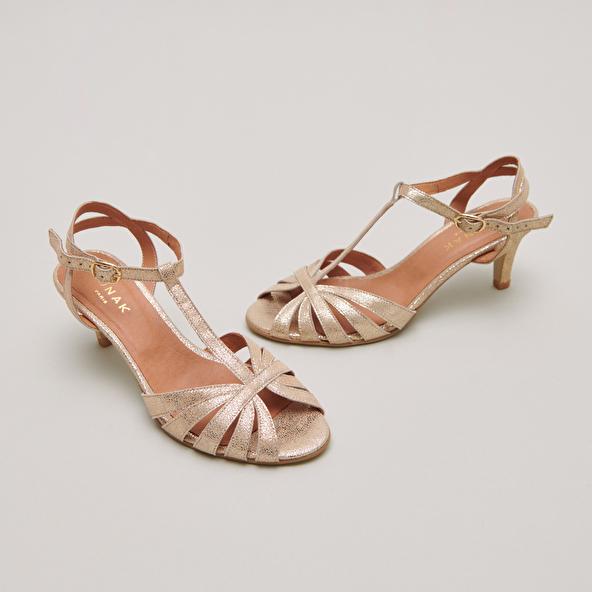 jonak Strappy t-bar heels in platinum laminated suede DOLIATE