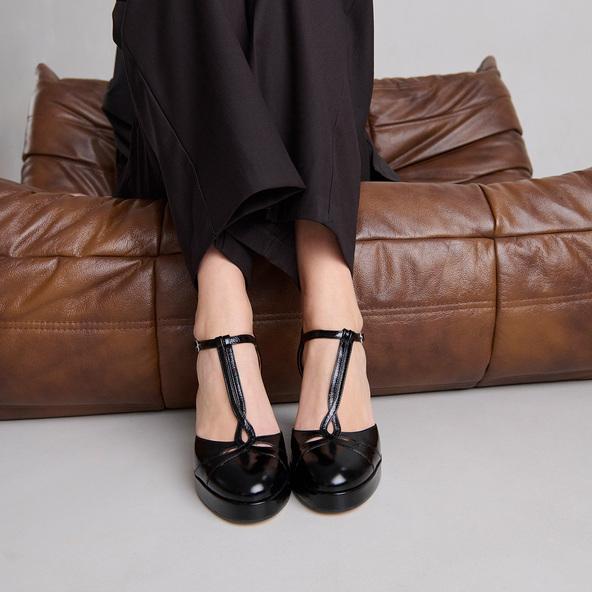 Jonak T-bar Sandals With Heels In Black Shiny Leather VOLO