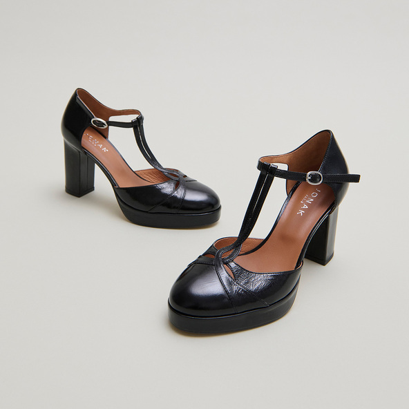 jonak T-bar sandals with heels in black shiny leather VOLO