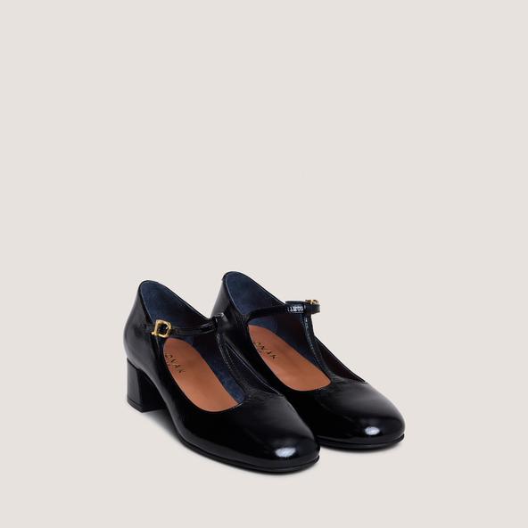 Jonak T-strap Kitten Heels In Shiny Black Leather DALOME