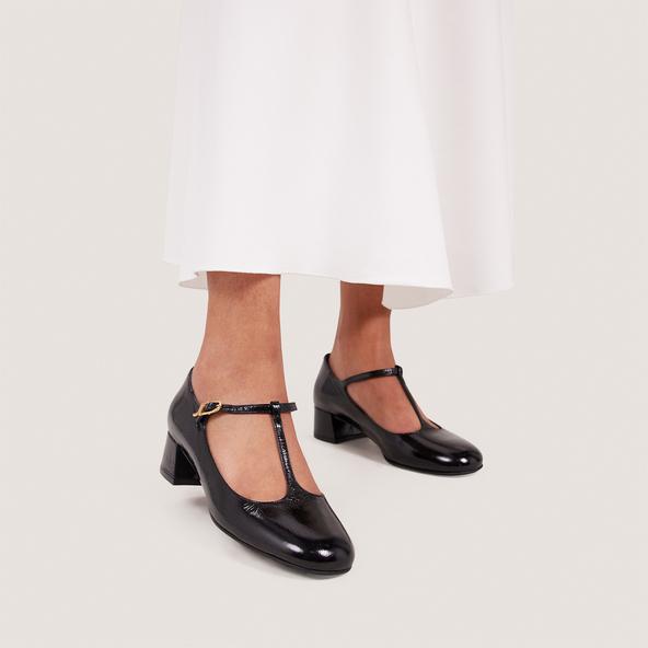 jonak T-strap kitten heels in shiny black leather DALOME