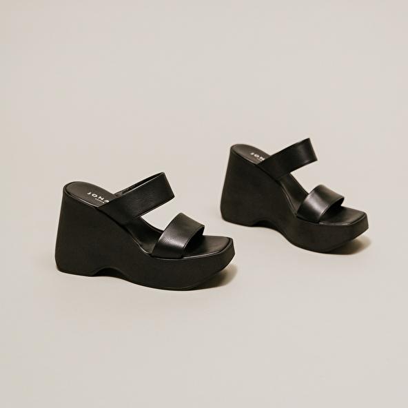 Jonak Wedge Mules With Straps In Black Leather PRISCILLA