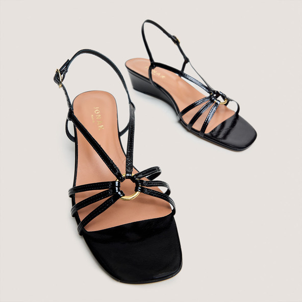 Jonak Wedge Sandals In Black Shiny Leather DESINVOLTE