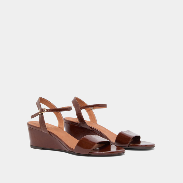 Jonak Wedge Sandals In Dark Brown Shiny Leather AGRUME