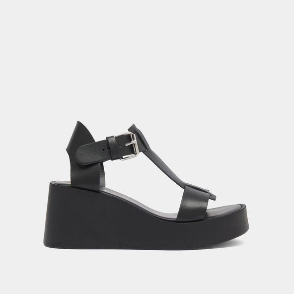Jonak Wedge Sandals With Adjustable Buckles In Black Leather ESTELLE