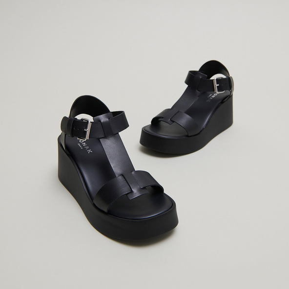 Jonak Wedge Sandals With Adjustable Buckles In Black Leather ESTELLE
