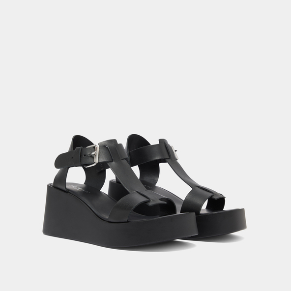 Jonak Wedge Sandals With Adjustable Buckles In Black Leather ESTELLE