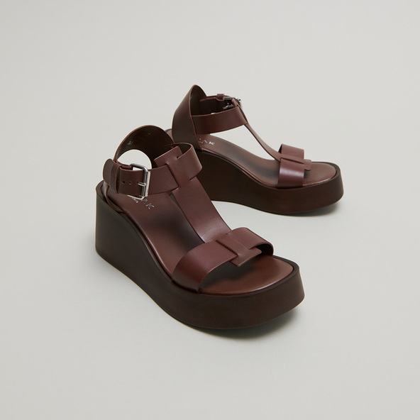 jonak Wedge sandals with adjustable buckles in dark brown leather ESTELLE