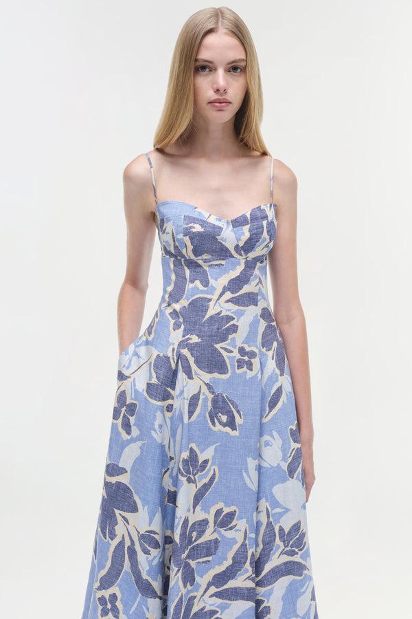 Jonathan Simkhai Analise Linen Midi Dress BLUE HYDRANGEA FLORAL