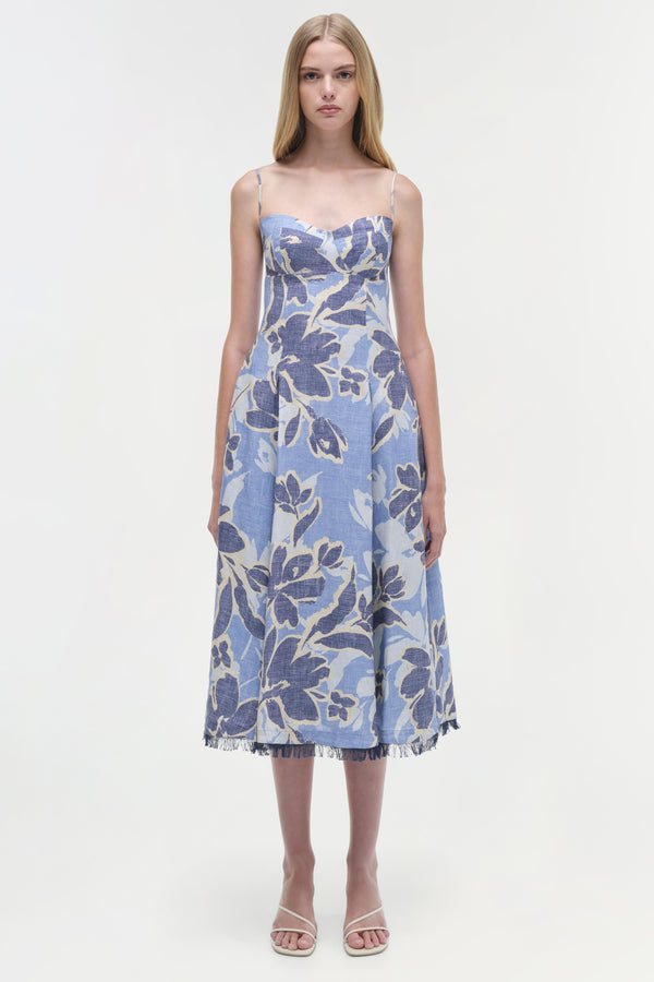Jonathan Simkhai Analise Linen Midi Dress BLUE HYDRANGEA FLORAL