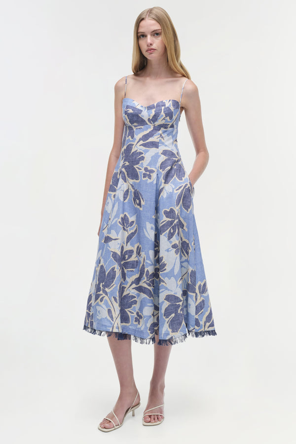 jonathan simkhai Analise Linen Midi Dress BLUE HYDRANGEA FLORAL