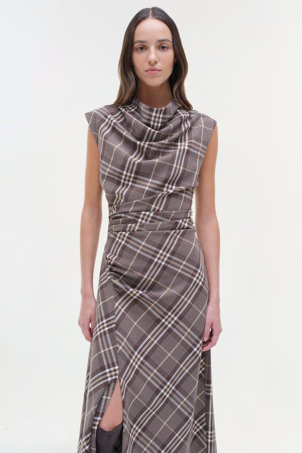 Jonathan Simkhai Burke Draped Midi Dress Chocolate Plaid
