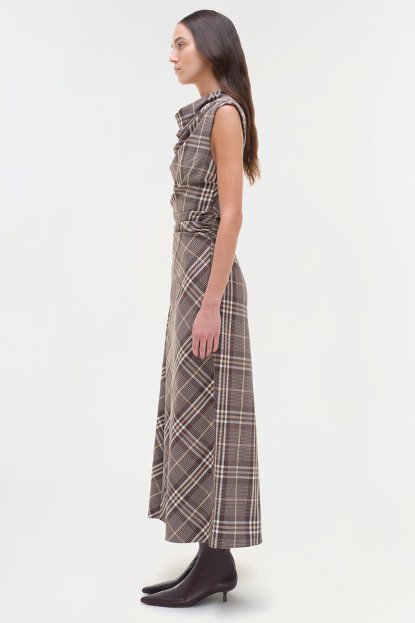 Jonathan Simkhai Burke Draped Midi Dress Chocolate Plaid